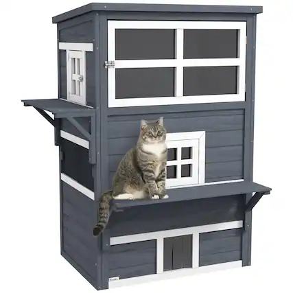 Front. Siljoy - Dark Gray 3‑Story Cat Shelter, Outdoor Cat House with Asphalt Roof, 5 Doors & Jump Platforms.