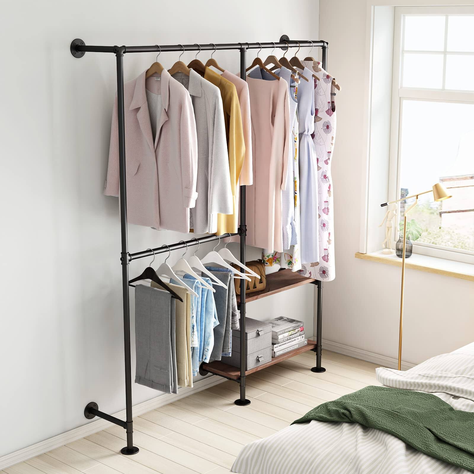 Alt View 2. Hirose Alice - Industrial Pipe Clothes Racks with Shelves  Industrial Pipe Clothing Rack with Double Hanging Rods  Heavy - Gold 63Inch.