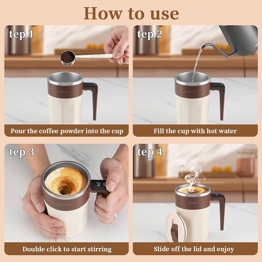 Sure, here is the corrected and grouped text:

---

**How to use**

**tep 1**  
Pour the coffee powder into the cup

**tep 2**  
Fill the cup with hot water

**tep 3**  
Double click to start stirring

**tep 4**  
Slide off the lid and enjoy

---