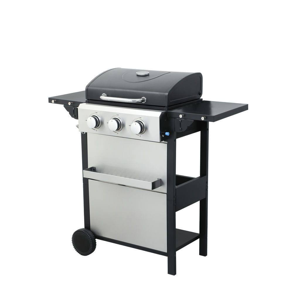 Angle. Resenkos - 3-Burner Propane Gas BBQ Grill, 25650BTU Output With Wire Enamel Cooking Grids For Outdoor Barbecue, Foldable Side Table.
