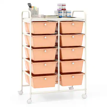 Front. Costway - Costway 10-Drawer Storage Cart Utility Rolling Trolley Kitchen Organizer Skin - Skin Pink.