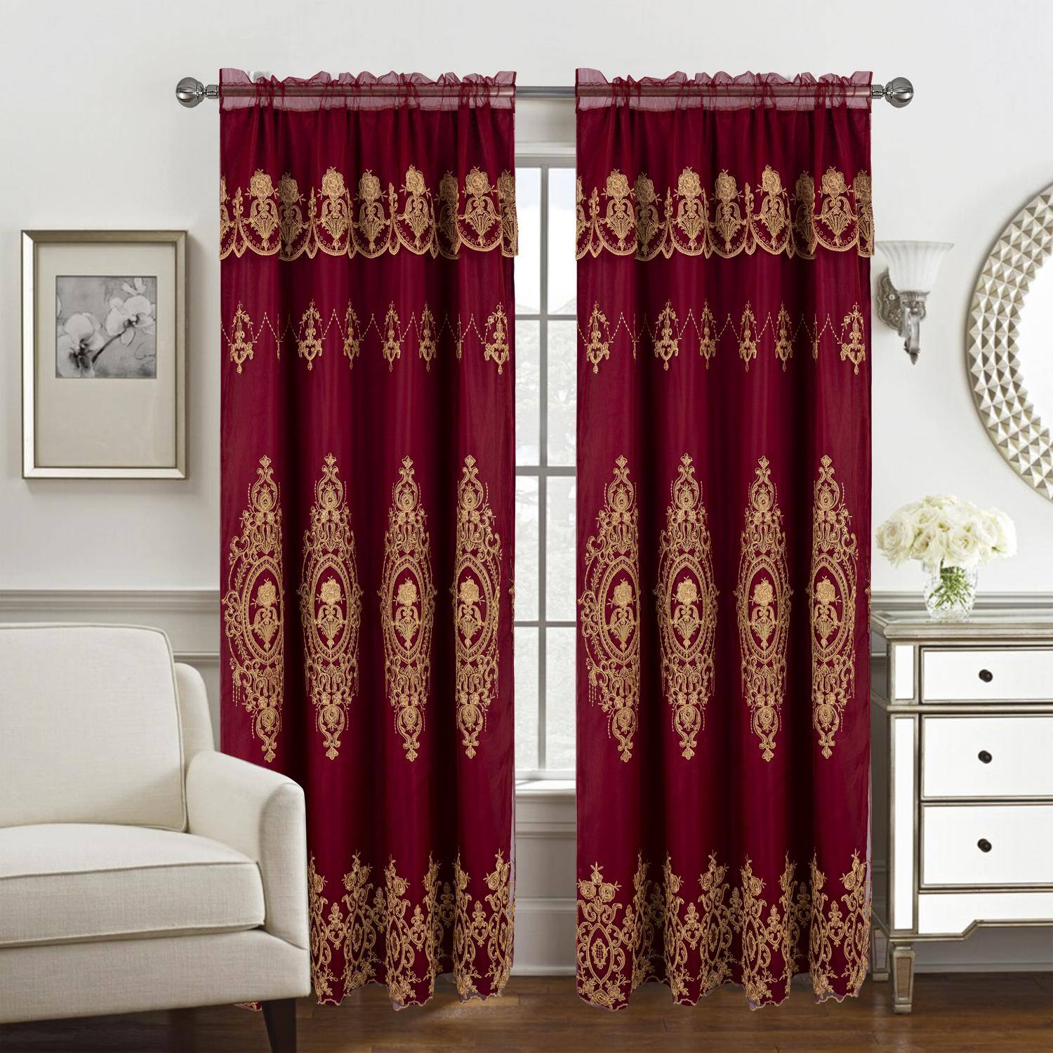 Angle. RT Designers Collection - RT Designers Collection Daisy Embroidery Grommet Curtain Panel With Attached Valance 54" x 84" Brgundy/Gold - Burgundy.