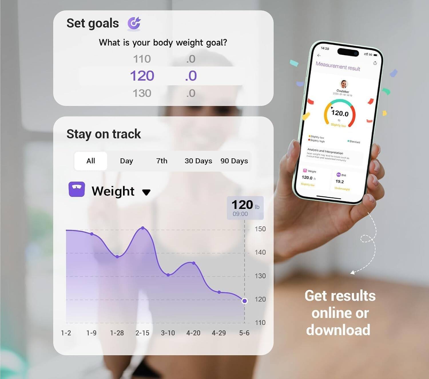 Set goals  
What is your body weight goal?  
110 .0  
120 .0  
130 .0  

Stay on track  
All Day 7th 30 Days 90 Days  
Weight  
120 lb  
09:00  

Measurement result  
Ovulaiker  
04-04-2024  
120.0  
Slightly low  
#Starling  

Analysis and Interpretation  
- Nutrient  
- Immunity  
- Tegh  

120.0  
19.2  

Get results online or download