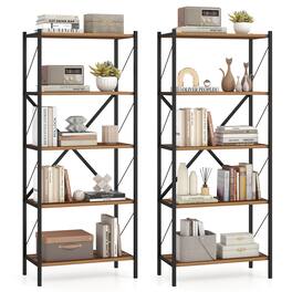 Costway - 2 PCS 5-Tier Tall Bookshelf, Industrial Bookcase with Heavy-Duty Metal Frame - Walnut