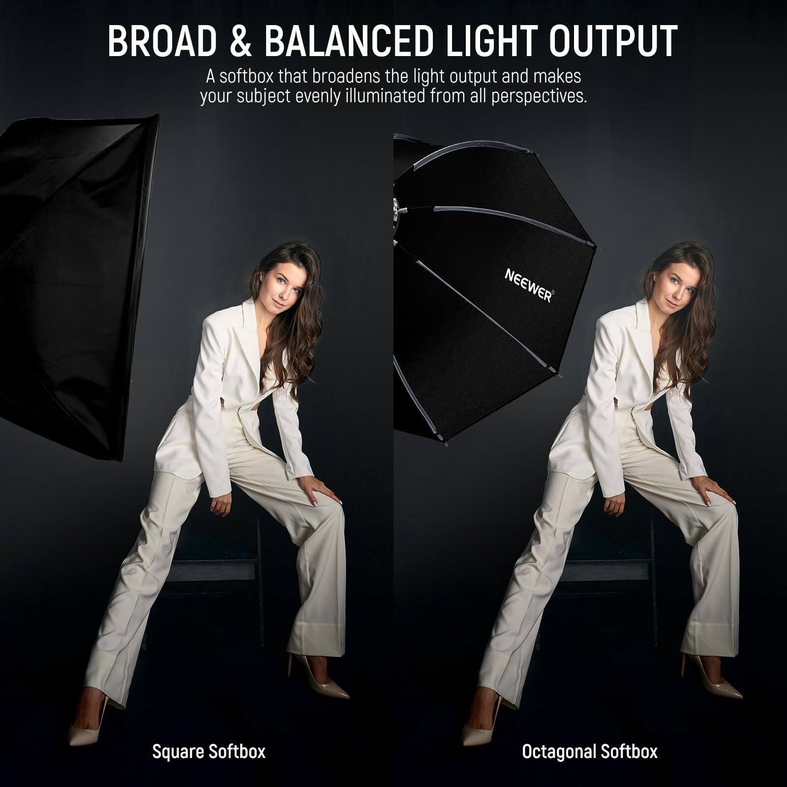 BROAD & BALANCED LIGHT OUTPUT  
A softbox that broadens the light output and makes your subject evenly illuminated from all perspectives.

NEEWER  
Square Softbox  
Octagonal Softbox