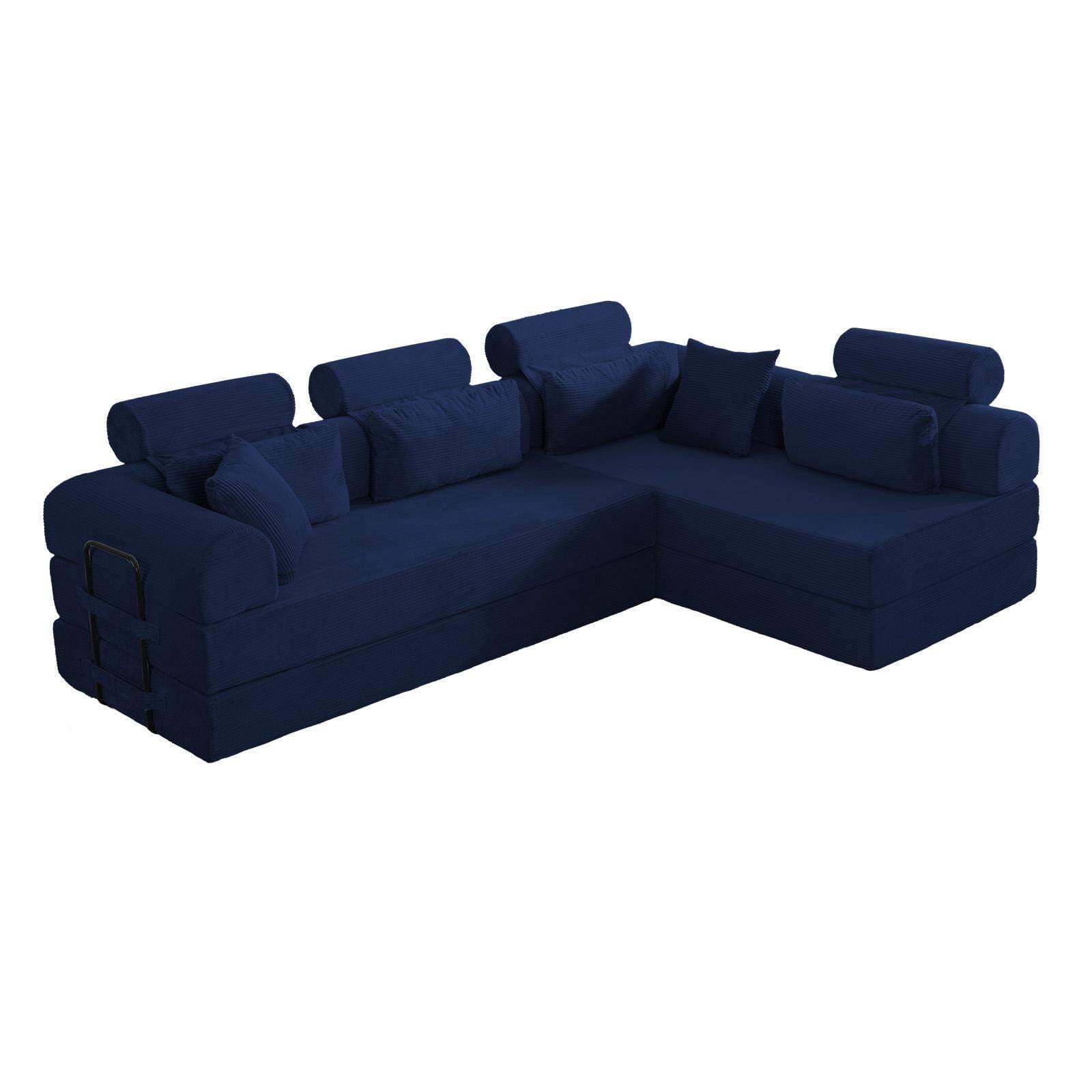 Roomtec - L shape Modular Sectional Sofa Compressed Sectional Sofa Modern Minimalist Style Corduroy CouchUnfold into a bed - Blue