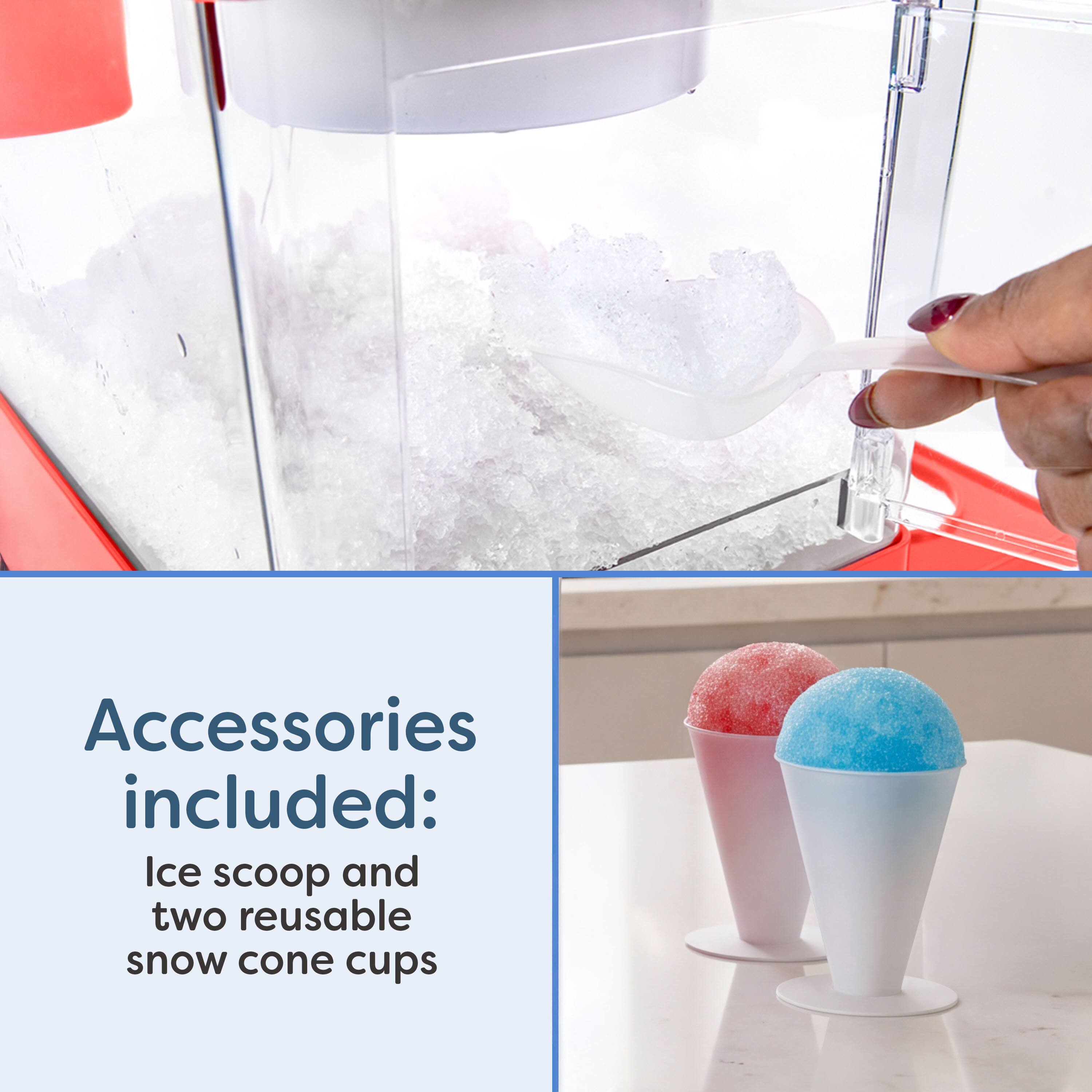 Accessories included: Ice scoop and two reusable snow cone cups