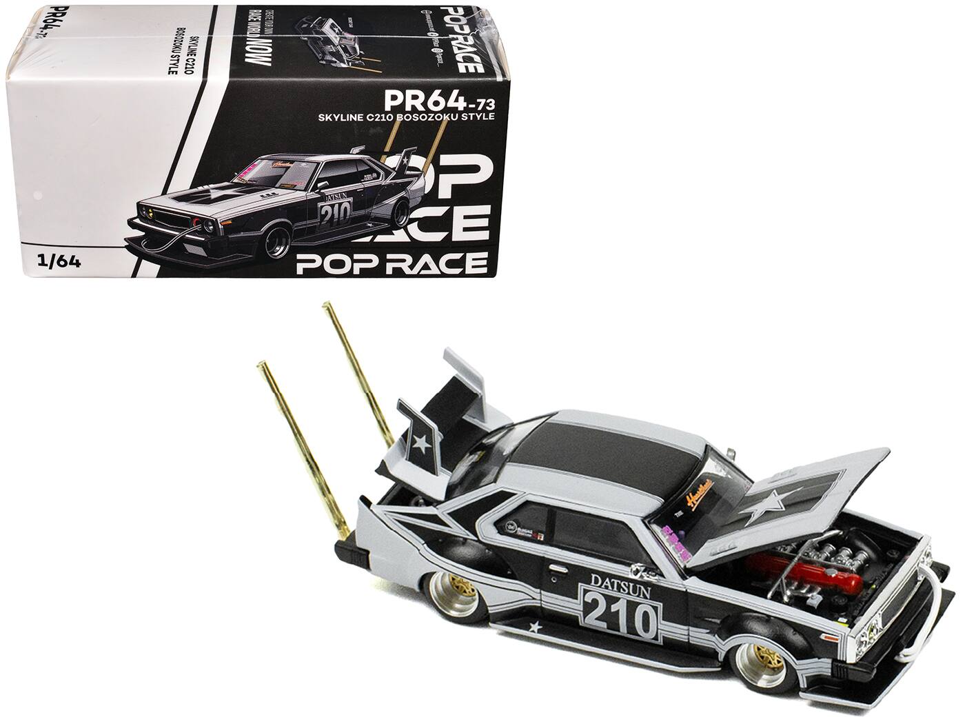 Skyline C210 "Bosozoku Style" RHD (Right Hand Drive) #210 Matt Black and Silver 1/64 Die Cast Model Car by Pop Race