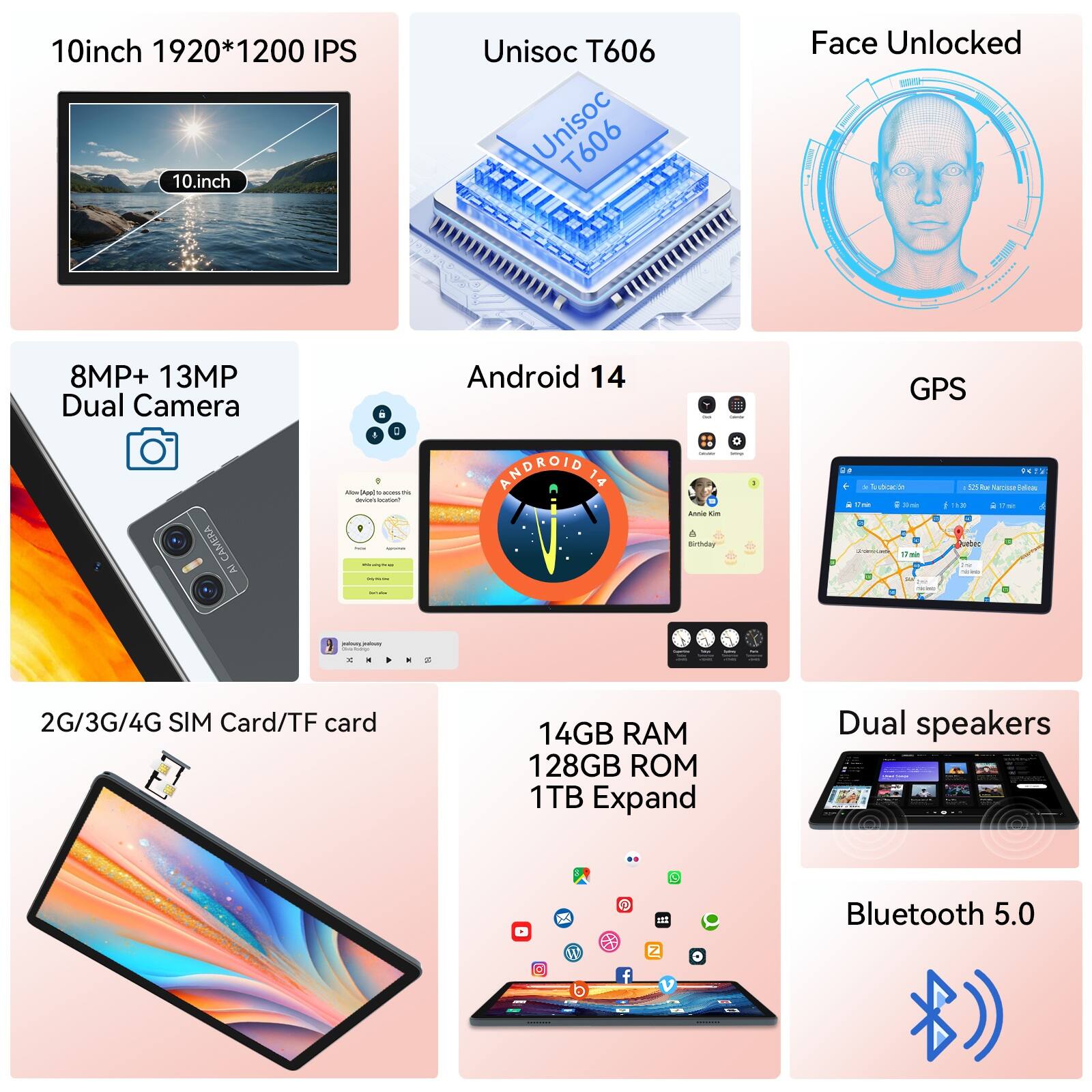 10-inch 1920*1200 IPS  
Unisoc T606  
Face Unlocked  
8MP+ 13MP Dual Camera  
Android 14  
GPS  
2G/3G/4G SIM Card/TF card  
14GB RAM  
128GB ROM  
1TB Expand  
Dual speakers  
Bluetooth 5.0