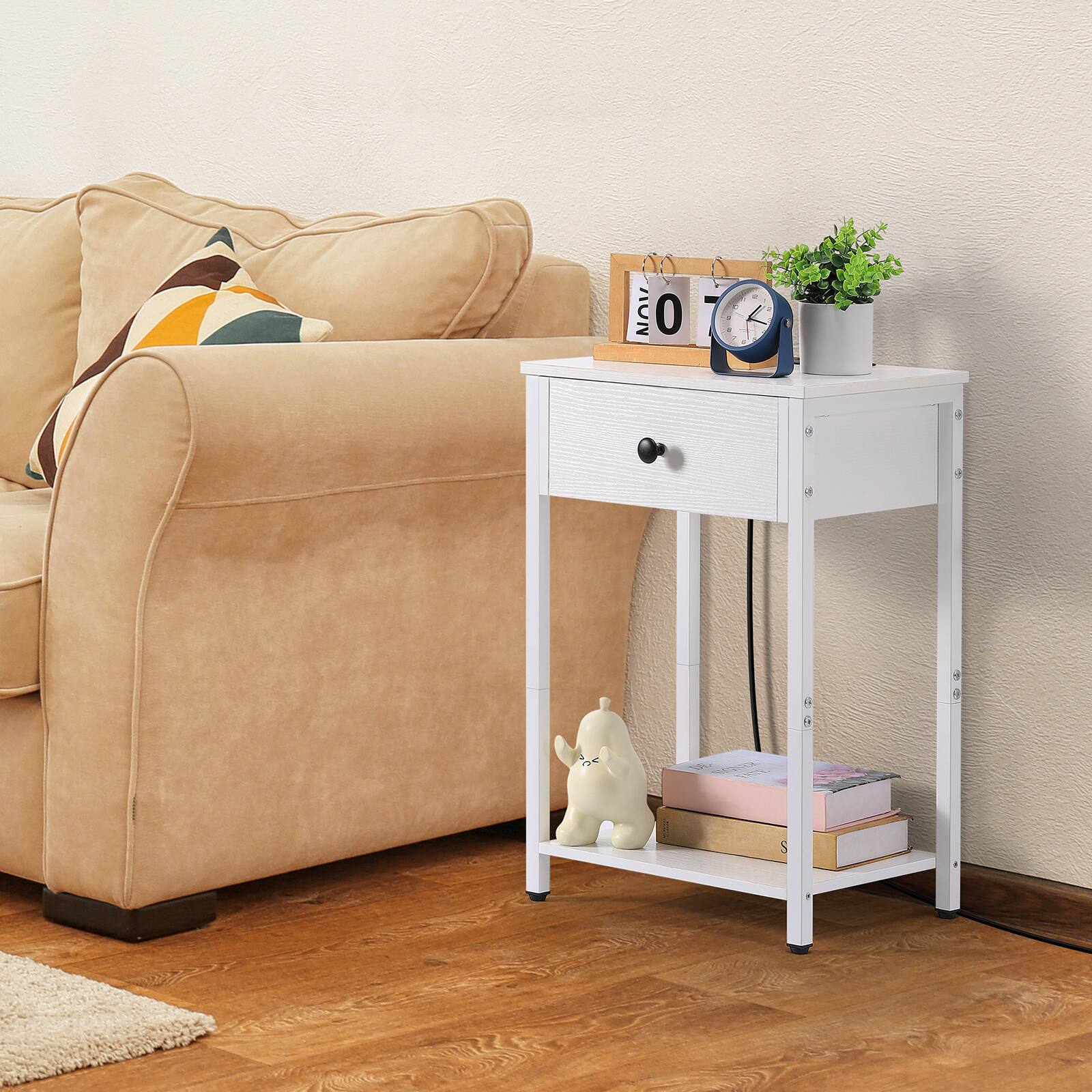 Alt View 1. Oumilen - Set of 2 Nightstand with Built-in Charging Station & Hanging Drawer , White - White.