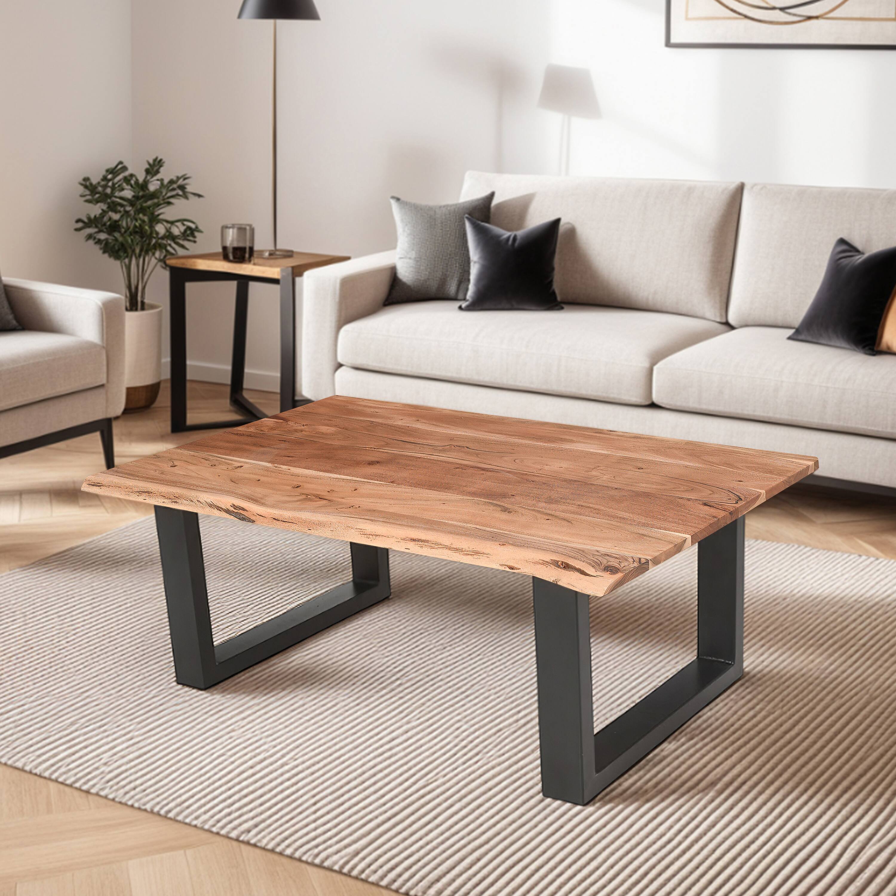 Alt View 10. Manhattan Lane - 45 Inch Acacia Wood Rectangular Coffee Table, Live Edge Details, Black Powder Coated Metal Sled Base - Natural Brown and Black.