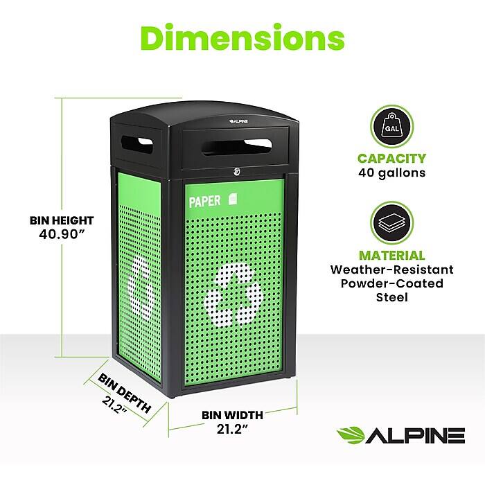 Dimensions: BIN HEIGHT 40.90", BIN DEPTH 21.2", BIN WIDTH 21.2"

GAL CAPACITY 40 gallons

MATERIAL Weather-Resistant Powder-Coated Steel

ALPINE
