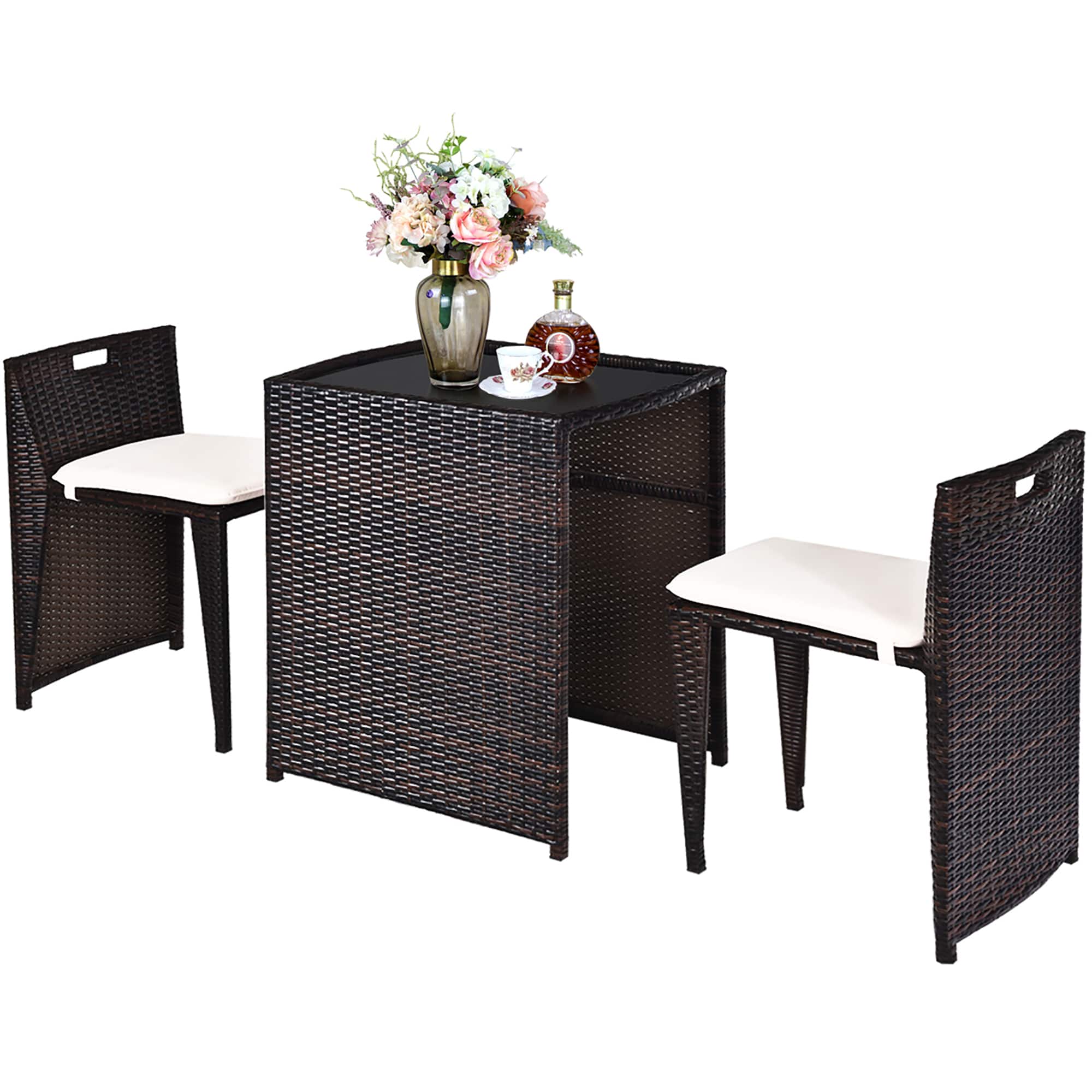 Front. Costway - Costway 3PCS Outdoor Patio Rattan Furniture Set Space Saving Garden Deck W/Cushion No Assembly - Brown.