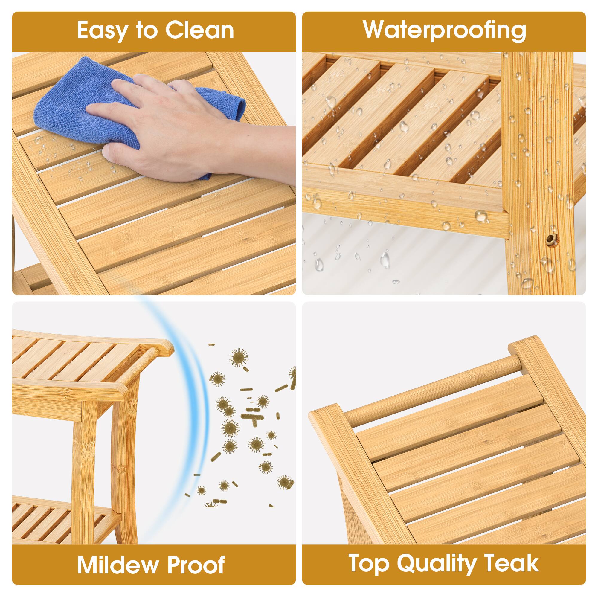 Easy to Clean  
Waterproofing  
Mildew Proof  
Top Quality Teak