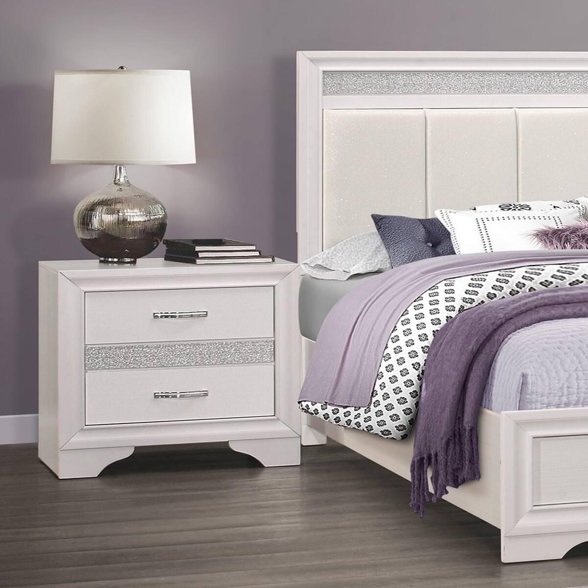 Angle. Loheer - Loheer White Nightstand with Drawers, Hidden Jewelry Storage, Silver Glitter Finish - White and Silver Glitter.