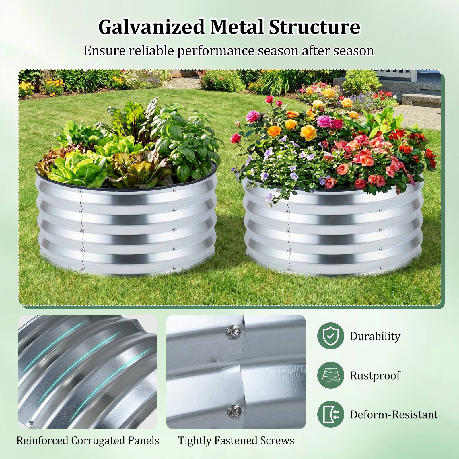 Galvanized Metal Structure  
Ensure reliable performance season after season  

- Durability  
- Rustproof  
- Deform-Resistant  

Reinforced Corrugated Panels  
Tightly Fastened Screws
