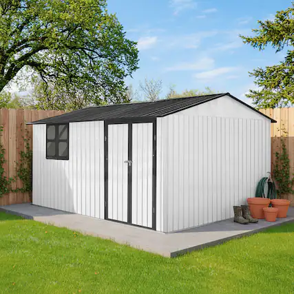Front. Anysun - 12x10ft Metal Garden Shed with Window & Hinged Door, Heavy-Duty Outdoor Storage with Vents for Backyard - Beige+White.