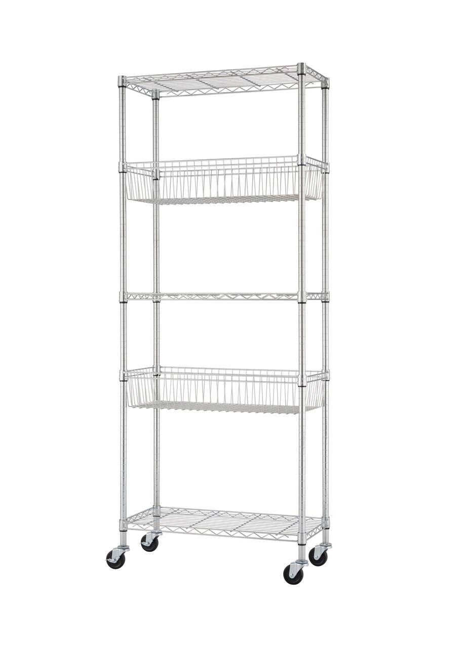 Left. TRINITY - EcoStorage 5-Tier 30x14x72 Modular Commercial Wire Shelving NSF w/ Baskets & Wheels Chrome - Chrome.