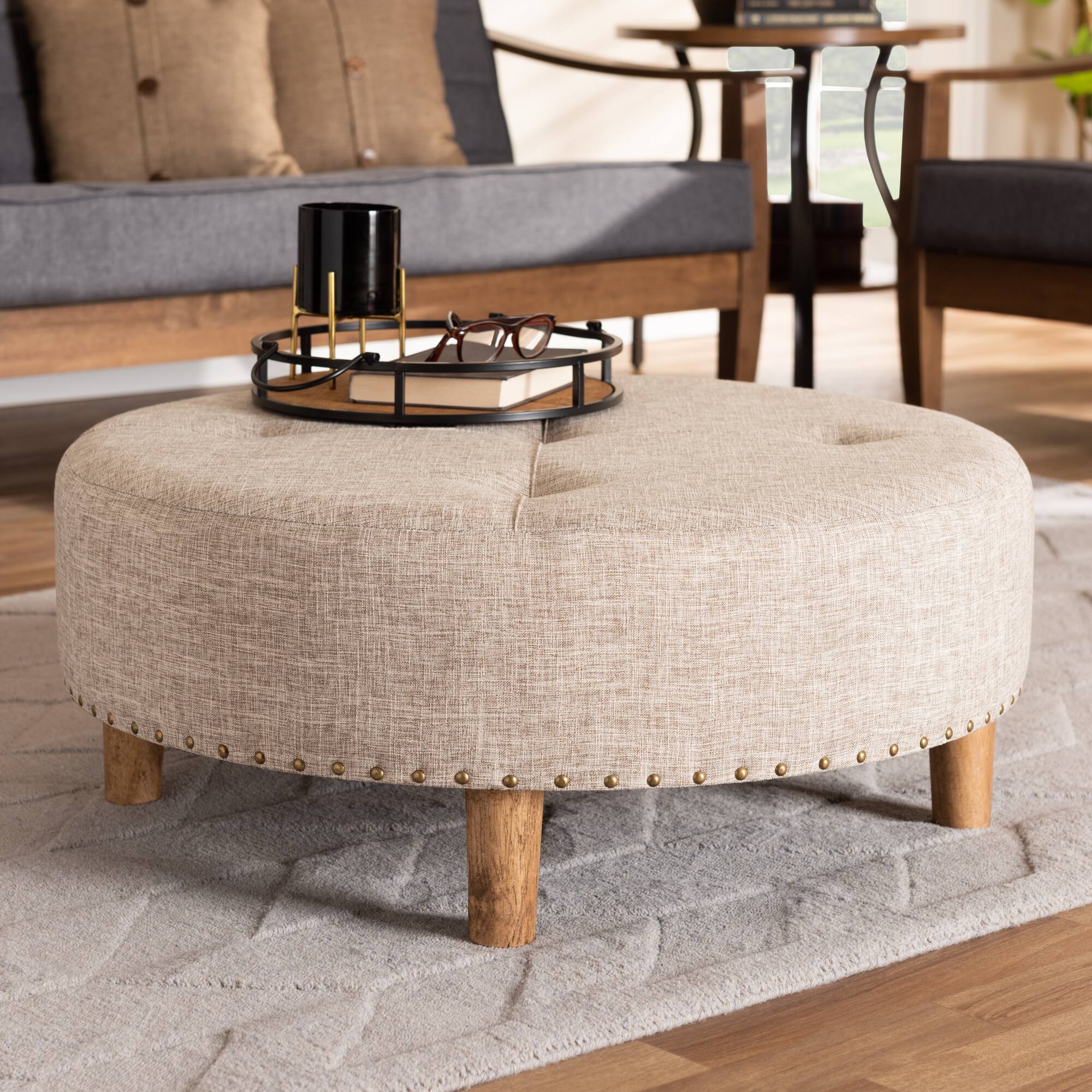 Alt View 1. Baxton Studio - Vinet Modern and Contemporary Fabric Upholstered Natural Wood Cocktail Ottoman - Beige.