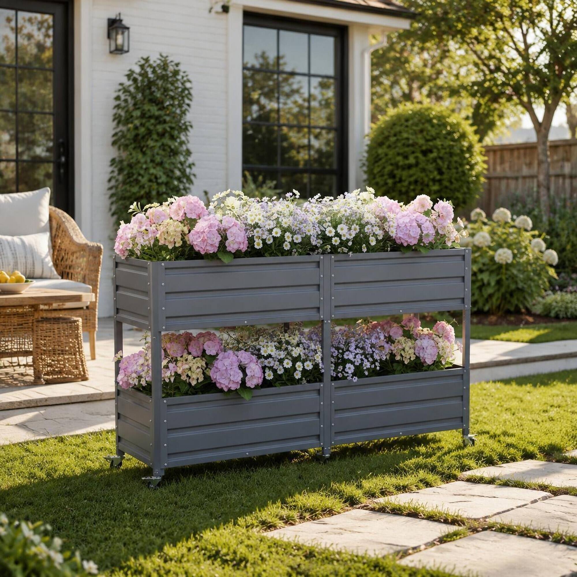 Left. RYHNUYNE - Grey Elevated Two Tier Metal Raised Garden Bed with Lockable Wheels for Patio Backyard Vegetable Herb and Flower - Grey.