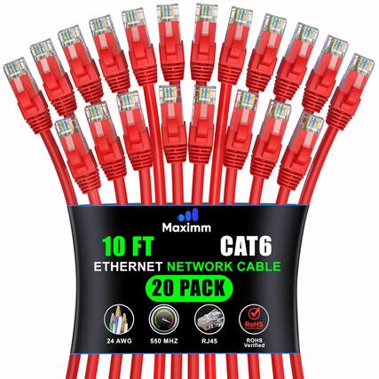 Maxim 10 FT CAT6 Ethernet Network Cable 20 Pack RoHS Compliant 24 AWG 550 MHz RJ45 RoHS Verified