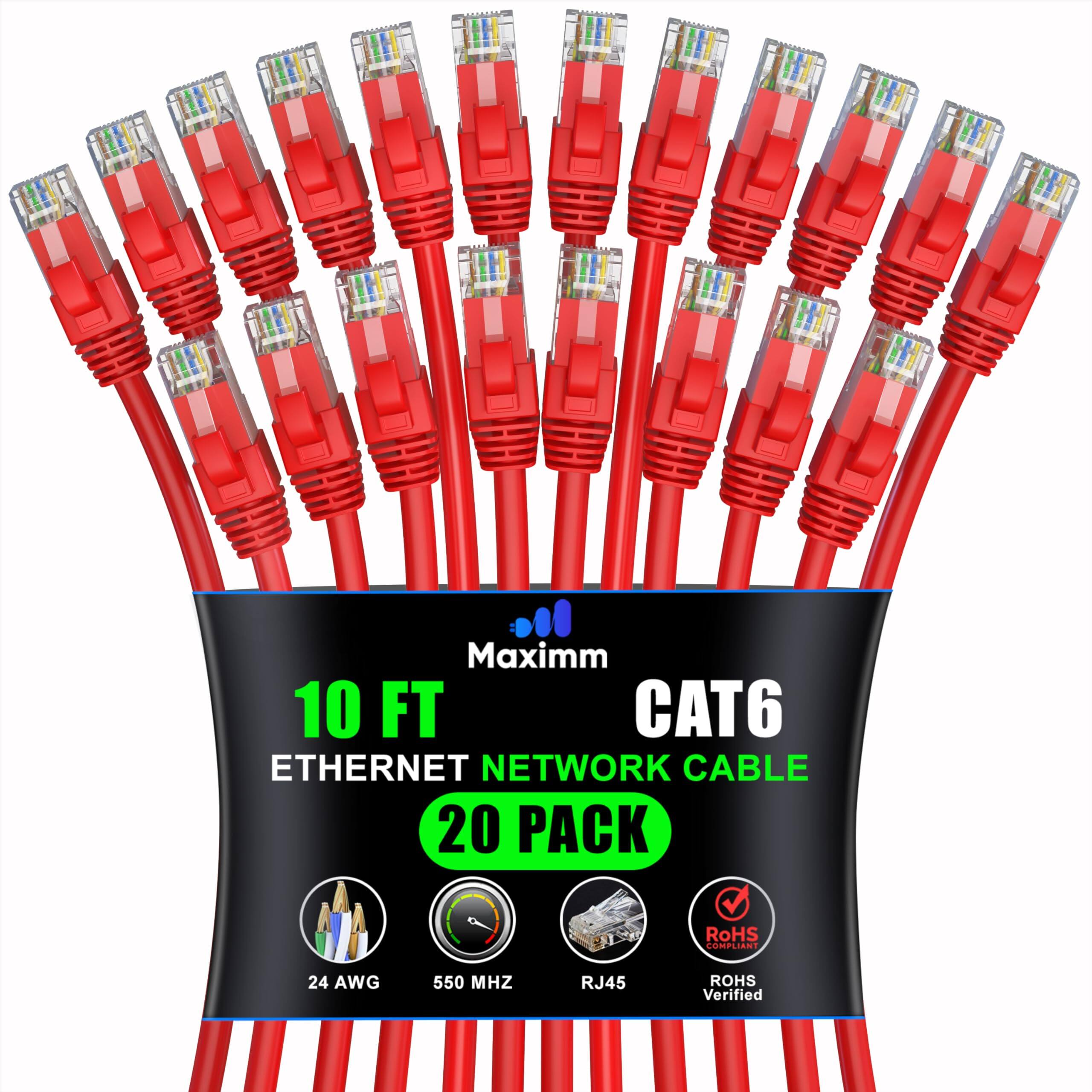 Maxim 10 FT CAT6 Ethernet Network Cable 20 Pack RoHS Compliant 24 AWG 550 MHz RJ45 RoHS Verified