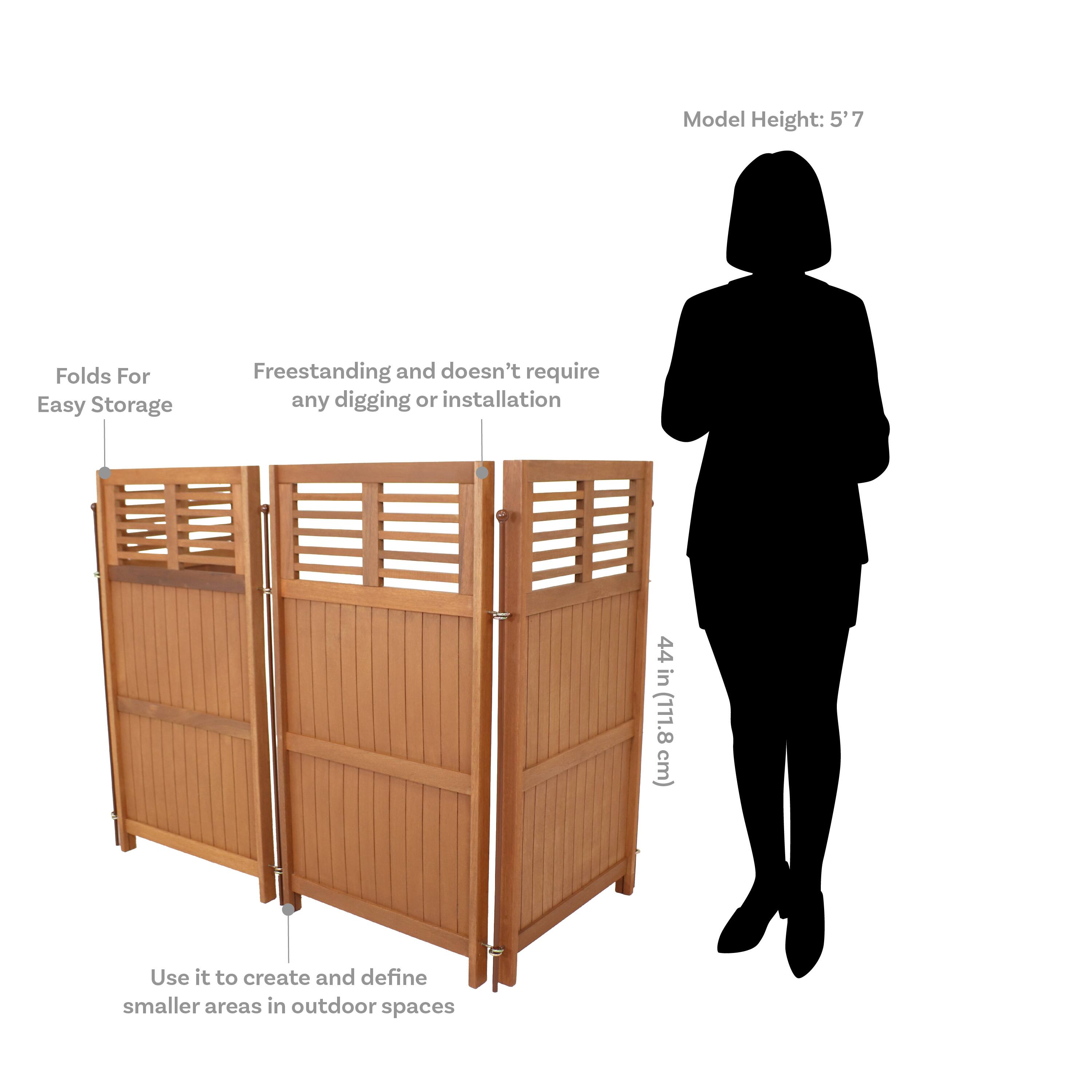 Model Height: 5'7

Folds For Easy Storage

Freestanding and doesn't require any digging or installation

44 in (111.8 cm)

Use it to create and define smaller areas in outdoor spaces