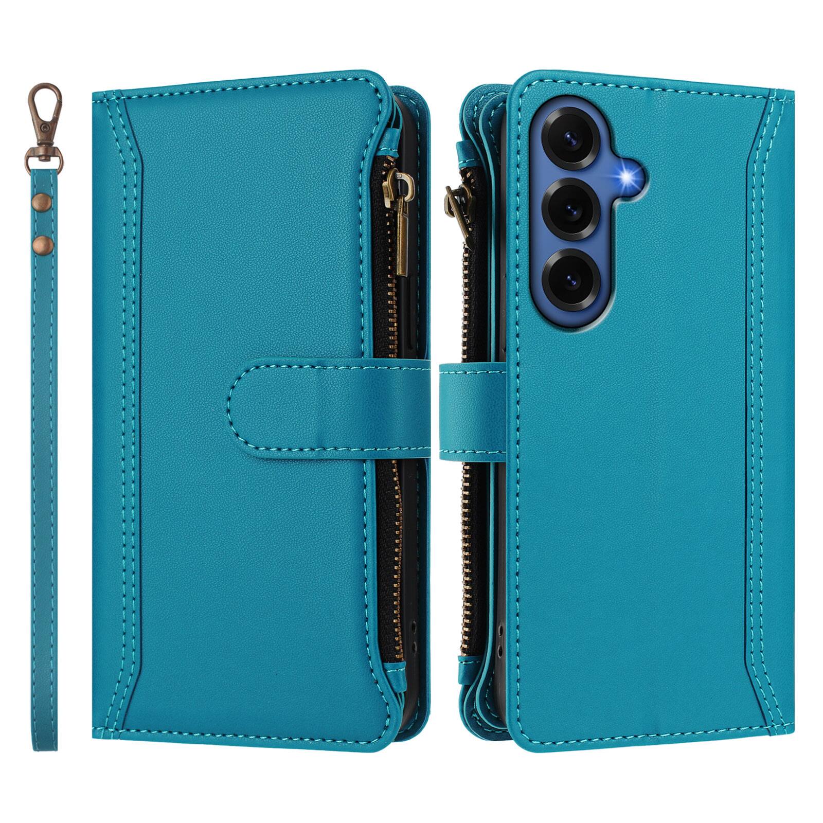 Angle. UUCOVER - Wallet Case for Samsung Galaxy S26+ with Zipper Pocket, Cash Card Slots, Wrist and Shoulder Strap, Flip Kickstand Cover - Blue.