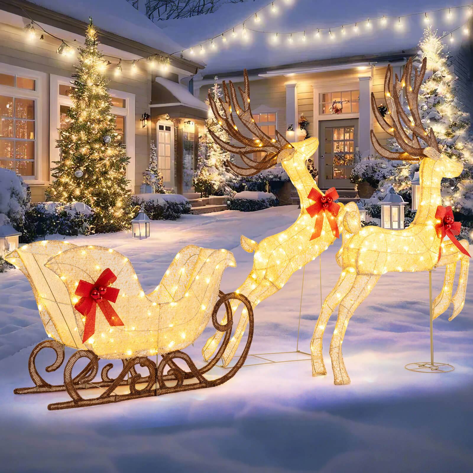 Front. Costway - Costway 3PCS Christmas Lighted Reindeer Sleigh Set with 280 White LED Lights Ground Stakes - Multicolor.