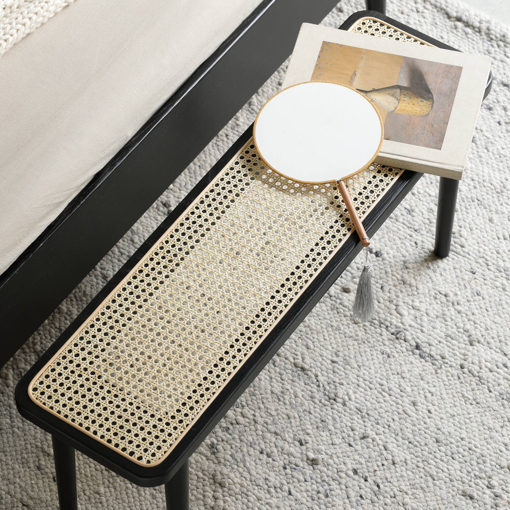 Alt View 4. Ropilly - Ropilly Black Solid Oak Wood Dining Bench with Rattan Seat Entryway End of Bed Bench 47 Inch - Black.