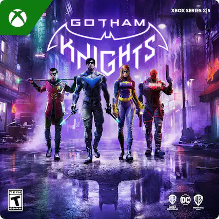 Gotham Knights is a video game that is part of the Xbox Series X. It is a game that is rated T for Teen and is developed by Warner Bros. Games and DC Entertainment. The game features a group of four characters standing together, possibly on a street. - T (Teen 13+)