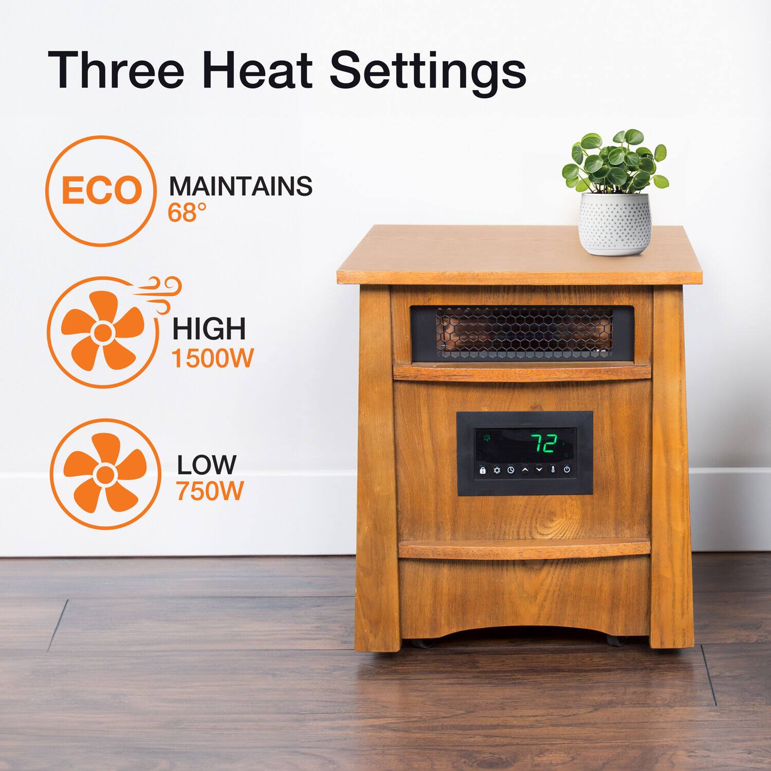 Three Heat Settings: Eco, Maintains 68°C, High 1500W, Low 750W.
