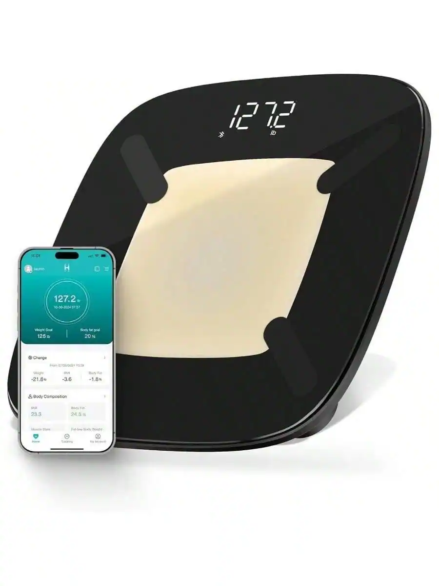 Pacoar Cade - Digital scale tempered glass platform, smartphone app perfect for fitness tracking, Durable Construction Enhanced - Black + Smart/BMI