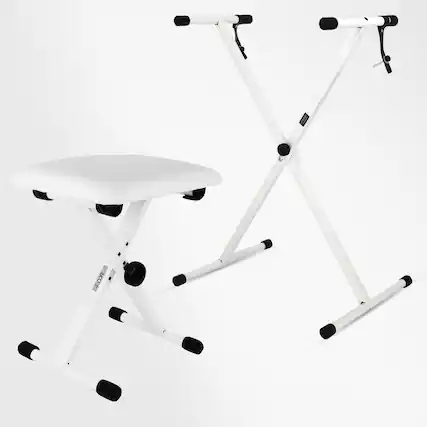 Front. 5 CORE - Keyboard Stand Single X Style Adjustable Piano Riser + Keyboard Piano Bench - White.