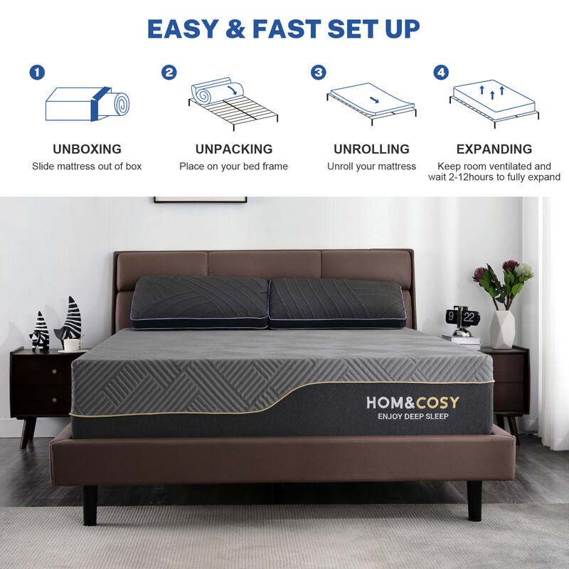 EASY & FAST SET UP

1. UNBOXING  
   Slide mattress out of box

2. UNPACKING  
   Place on your bed frame

3. UNROLLING  
   Unroll your mattress

4. EXPANDING  
   Keep room ventilated and wait 2-12 hours to fully expand

HOM&COSY  
ENJOY DEEP SLEEP