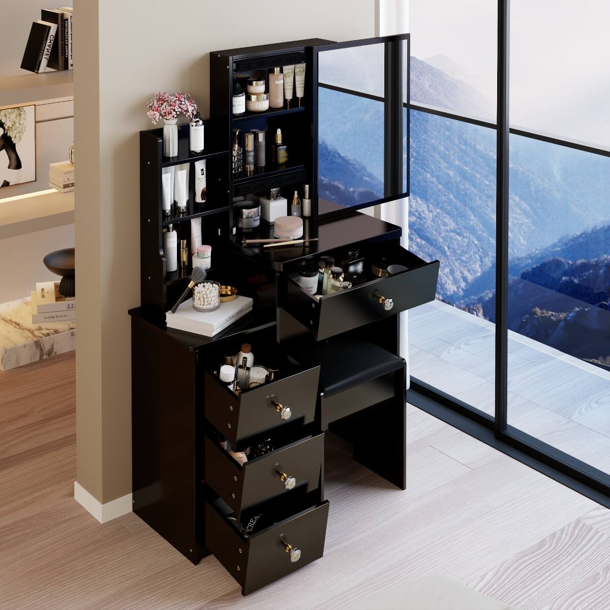 Loheer Small Space Makeup Vanity with Sliding Mirror and Stool, MDF ...