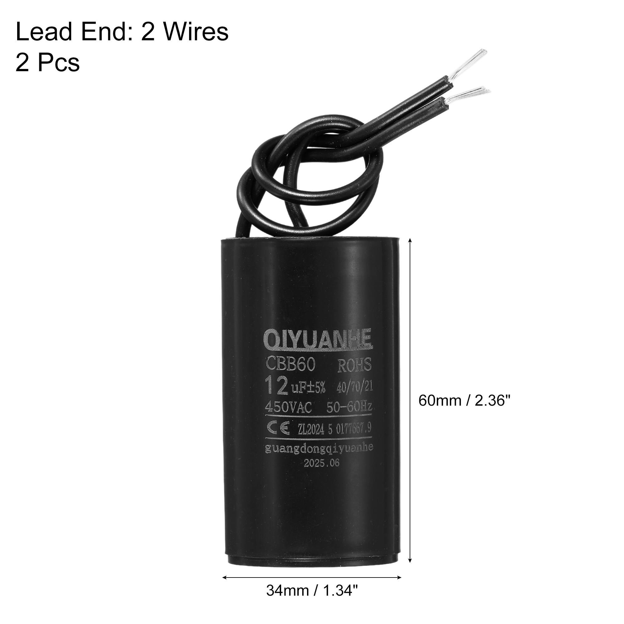 Lead End: 2 Wires  
2 Pcs  

QIYUANHE  
CBB60  
ROHS  
12 uF 5%  
40/70/21  
50-60Hz  
450VAC  
CE  
ZL2024 5 0171667.9  
guangdongqiyuanhe  
2025.06  

60mm / 2.36"  
34mm / 1.34"