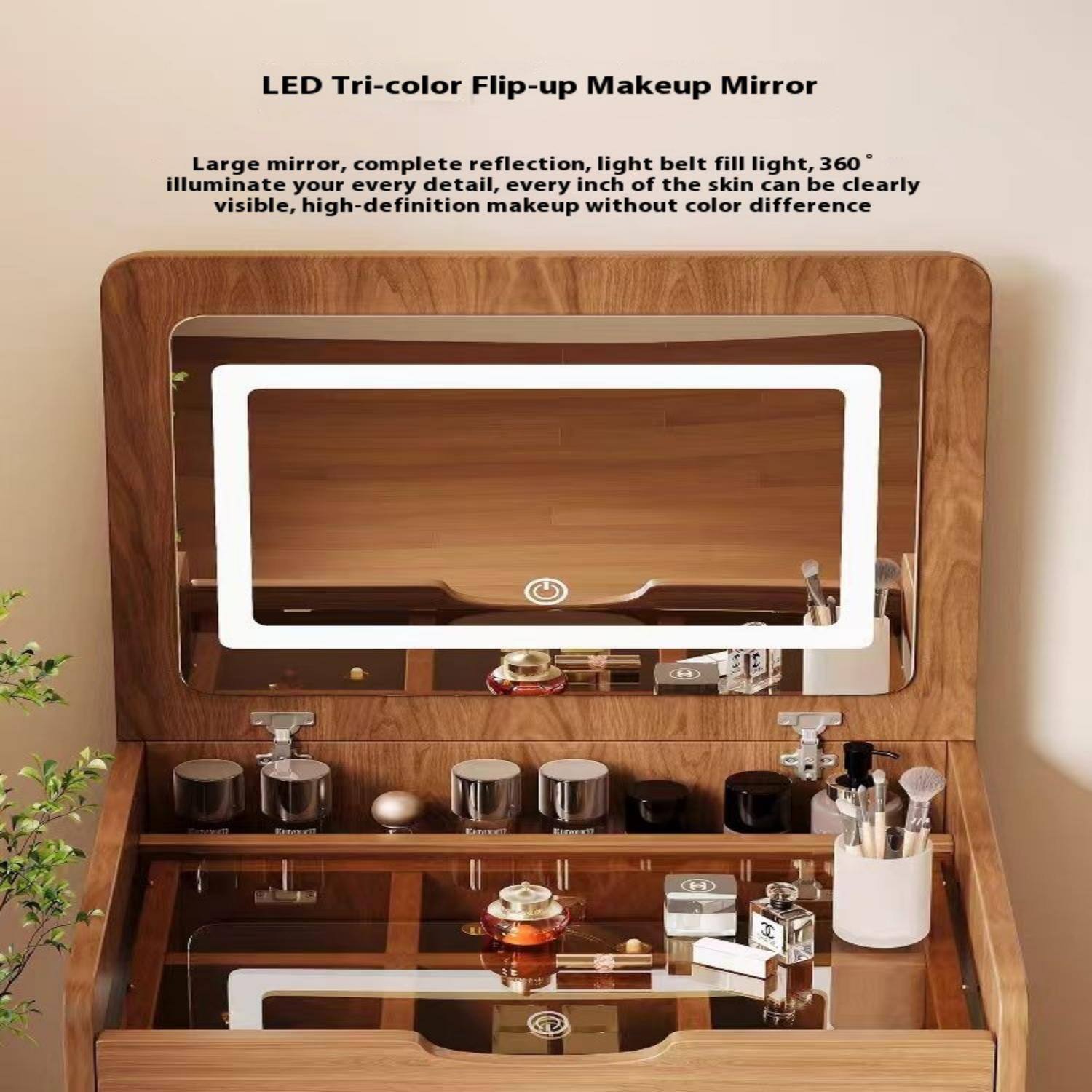 LED Tri-color Flip-up Makeup Mirror

Large mirror, complete reflection, light belt fill light, 360° illuminate your every detail, every inch of the skin can be clearly visible, high-definition makeup without color difference