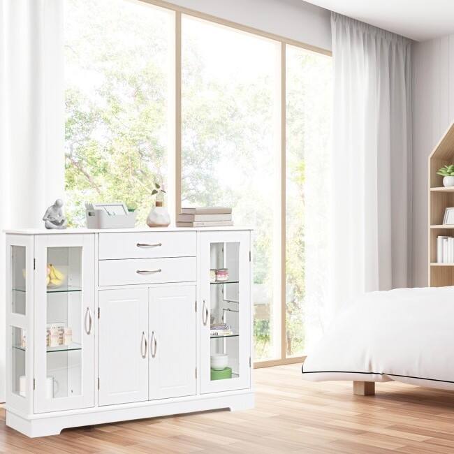 Angle. Hivvago - White Wood Buffet Sideboard Cabinet with Glass Display Doors - White.