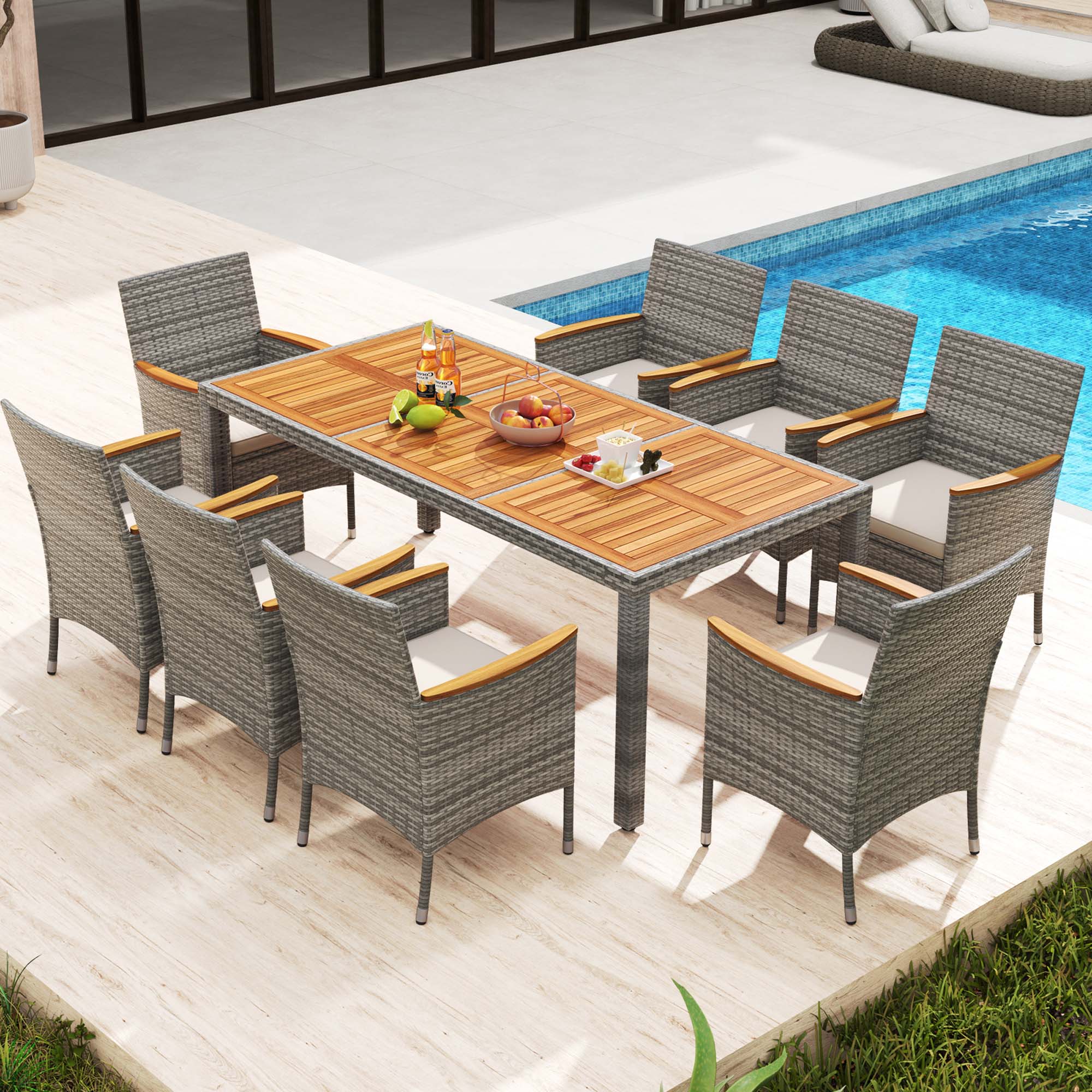 Alt View 1. Costway - 9 PCS Patio Dining Set for 8 Table and PE Rattan Chairs with 2" Umbrella Hole - Mix Gray,Off White.