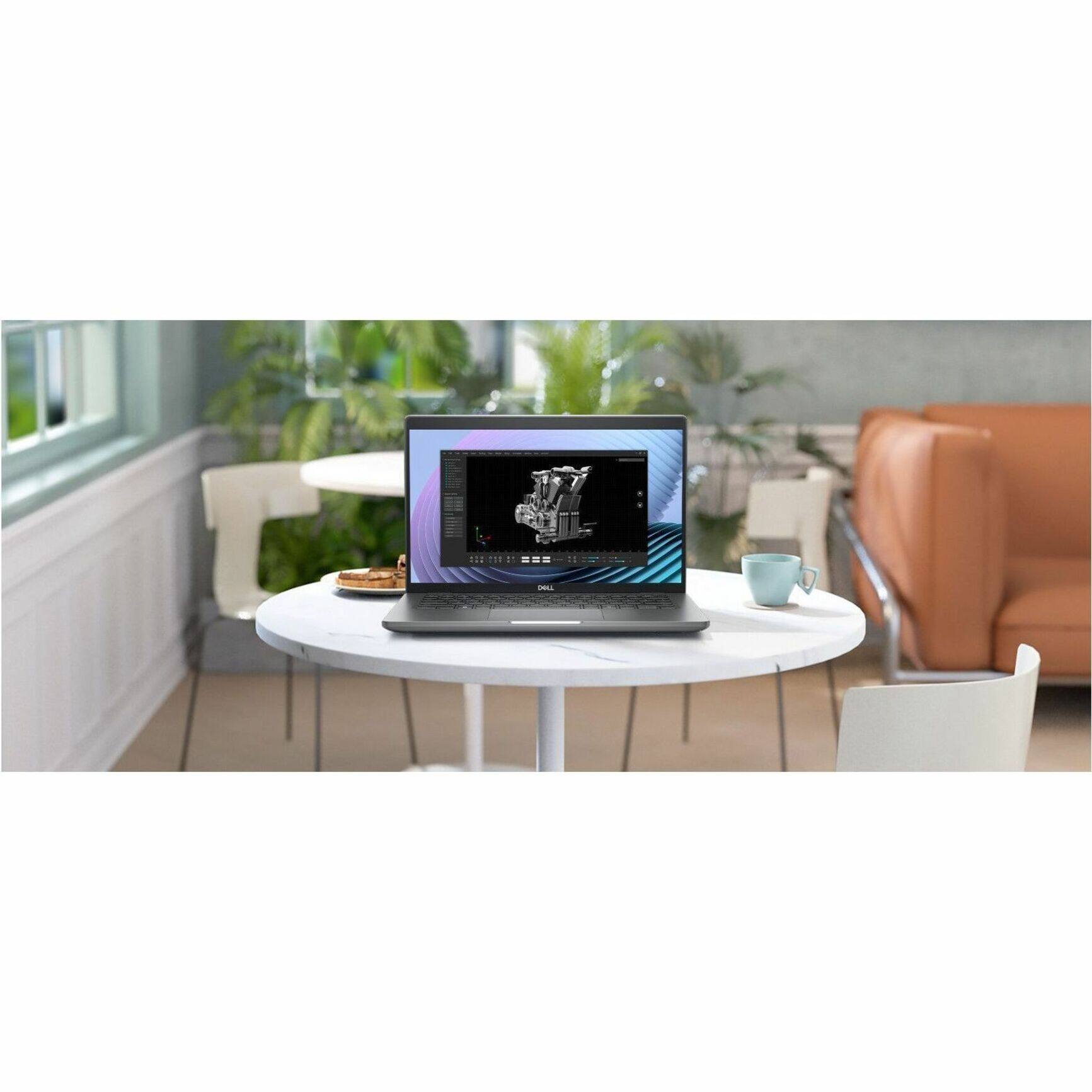 The image features a laptop computer sitting on a white table. The table is surrounded by chairs, and there are potted plants nearby. The laptop is open and displaying a picture of a car engine. The scene appears to be set in a living room or a similar indoor space.