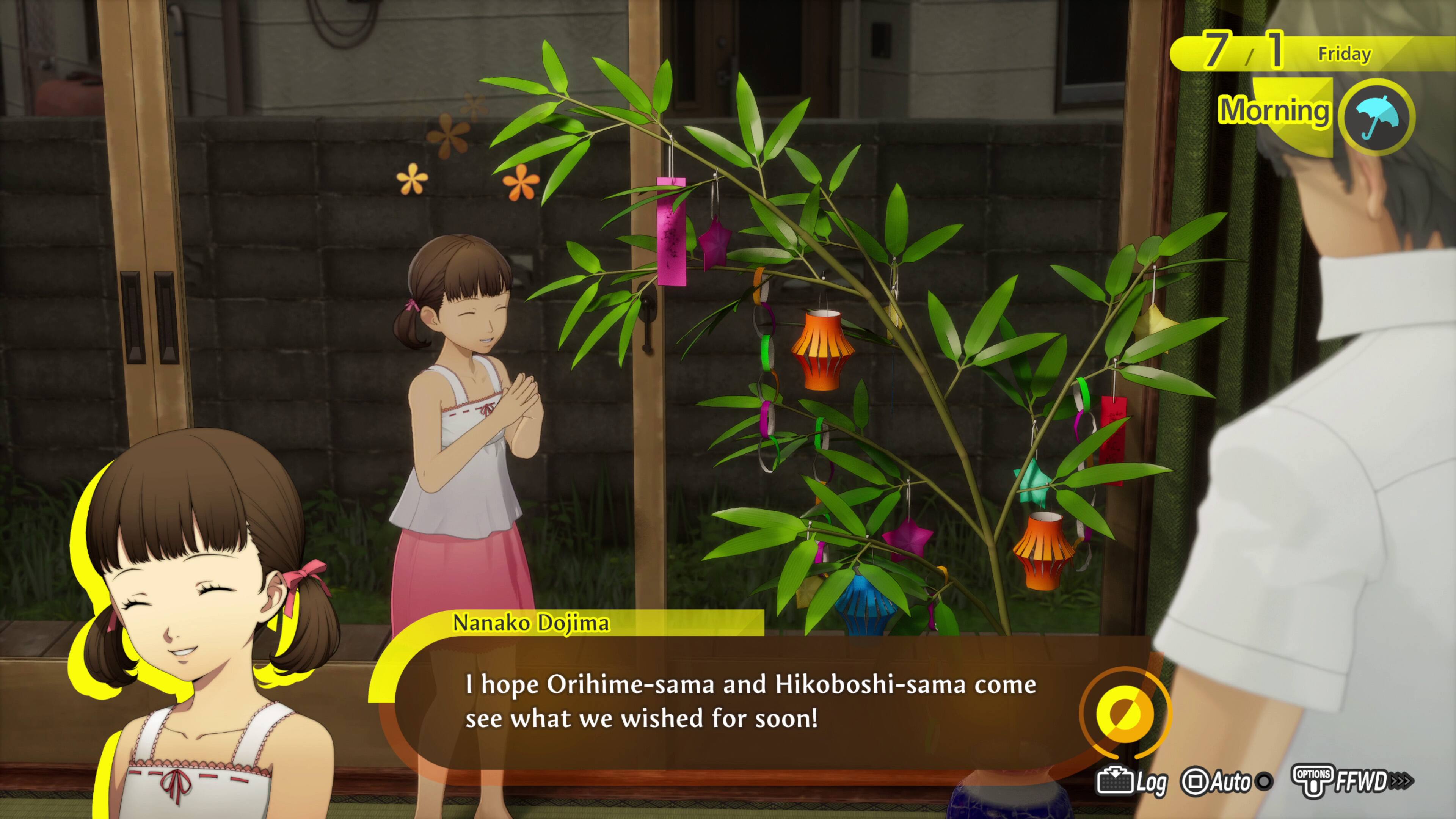 7/1 Friday Morning  
Nanako Dojima  
I hope Orihime-sama and Hikoboshi-sama come see what we wished for soon!  
Log Auto OPTIONS U FFWD