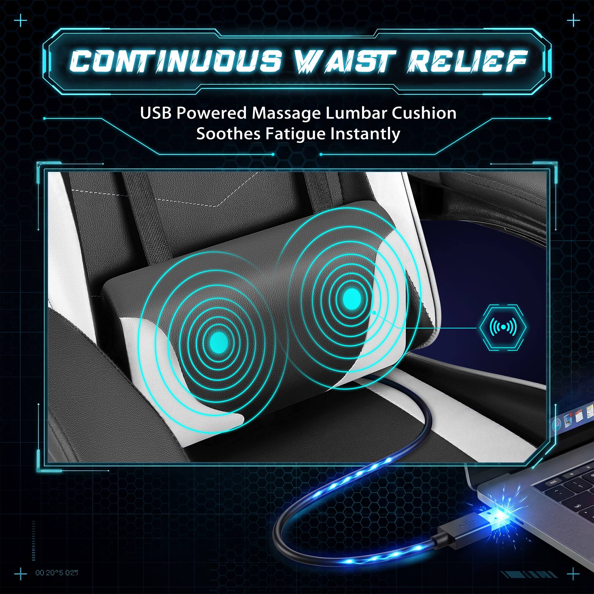 CONTINUOUS WAIST RELIEF  
USB Powered Massage Lumbar Cushion Soothes Fatigue Instantly