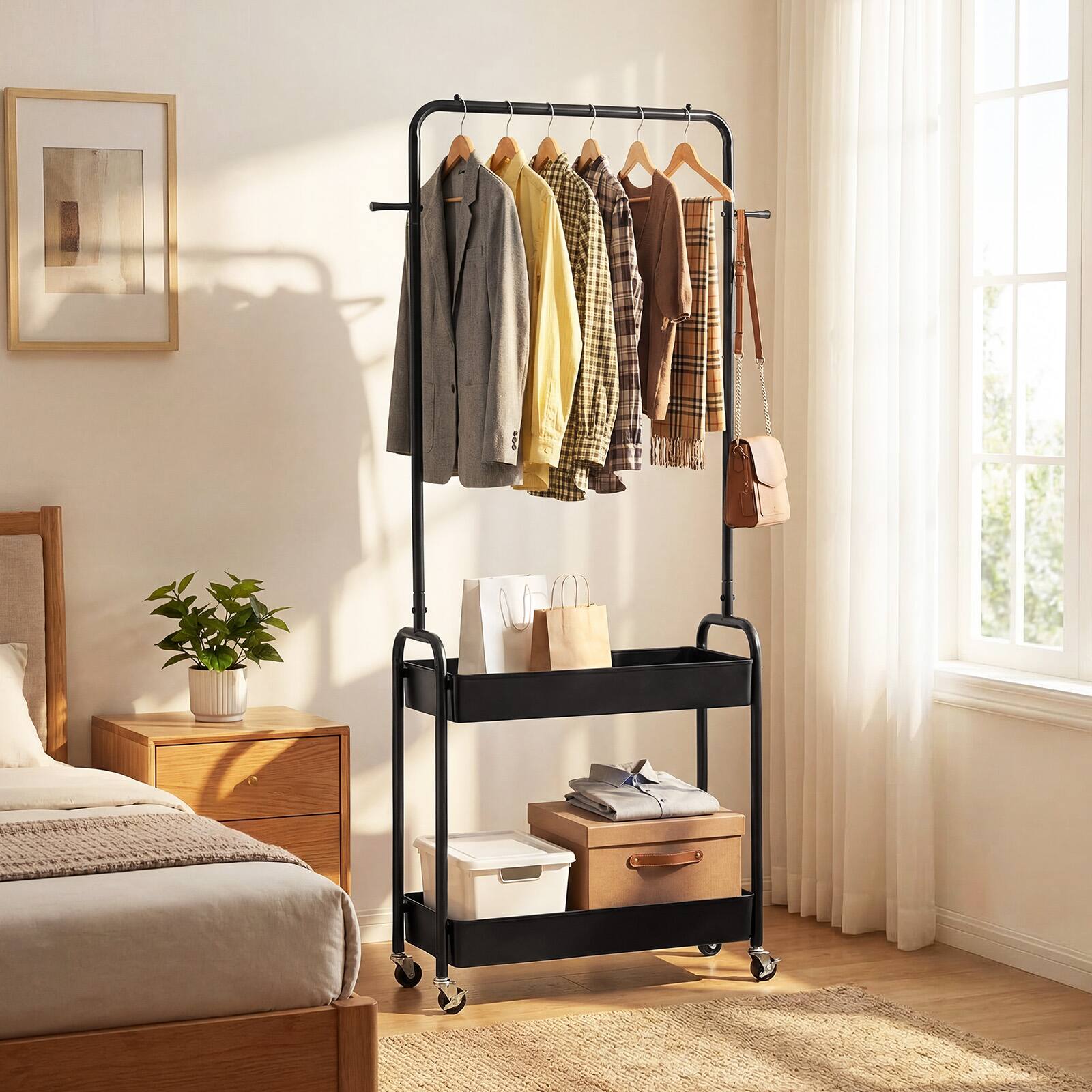 Alt View 3. Gymax - Gymax Rolling Clothes Rack w/Hanging Rod Side Hooks Storage Baskets Lockable Wheels Black - Black.