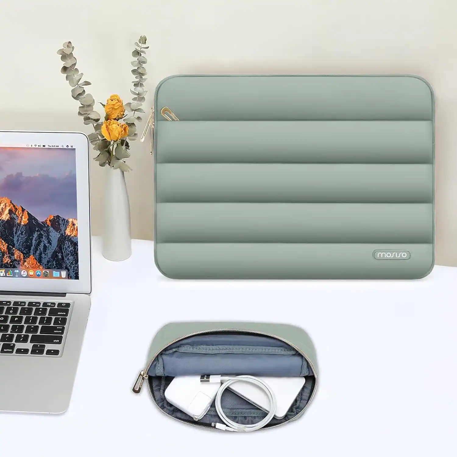 Alt View 4. mosiso - Puffy Laptop Sleeve 15-15.6 inch for MacBook Pro 16, HP Dell ASUS Acer Toshiba Lenovo Notebook - Antique Green.