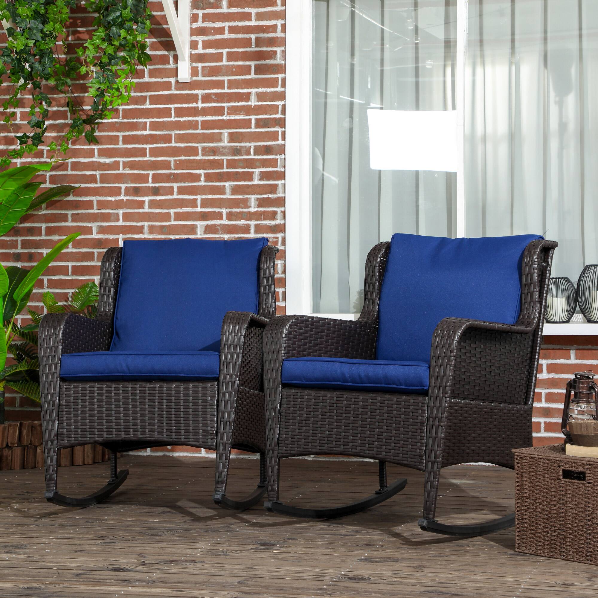 Alt View 1. Outsunny - Outdoor Wicker Rocking Chair Set of 2 with Wide Seat, Thick Cushions, Rattan Rockers with Steel Frame - Dark Blue.