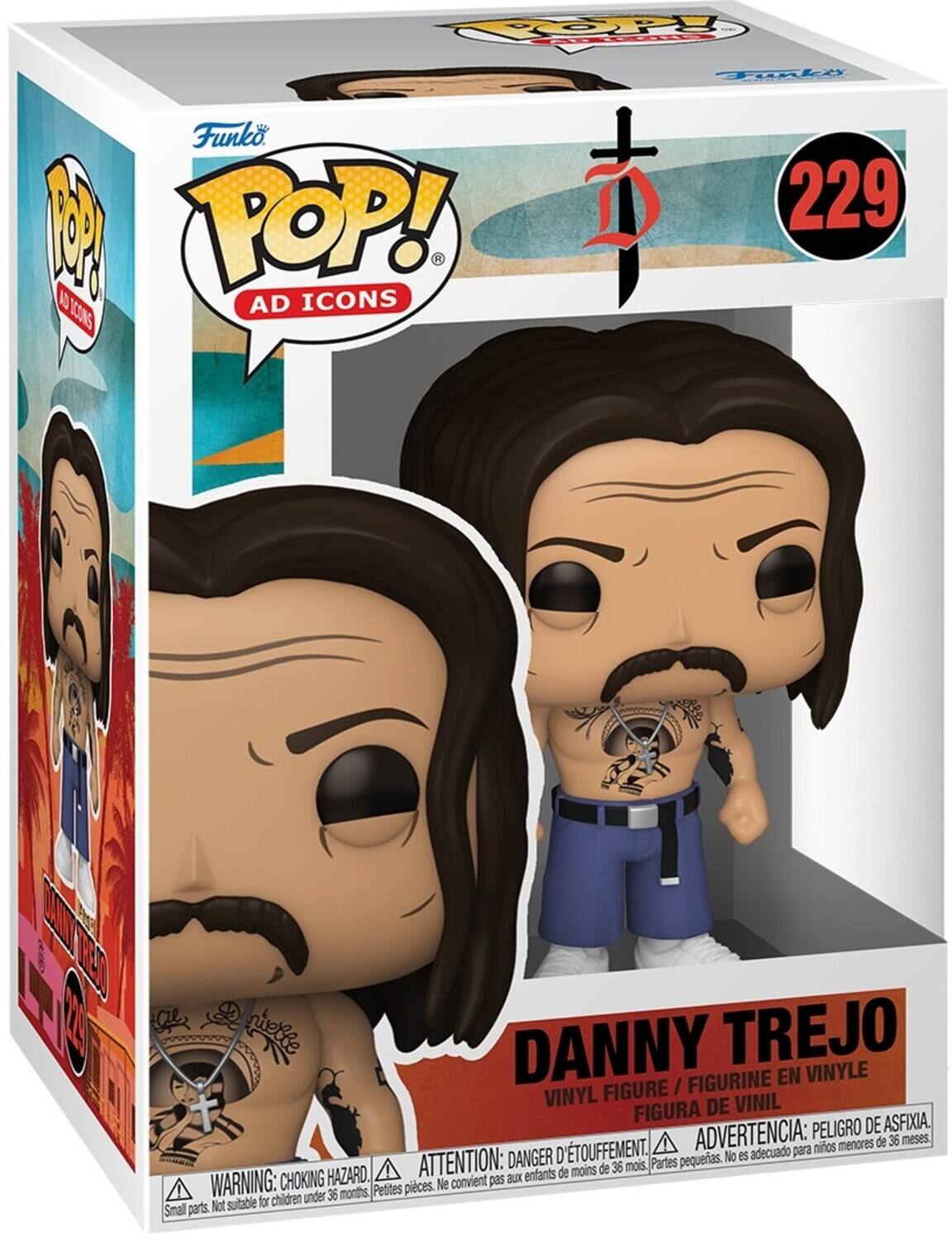 The text on the image is:

"TOOPY I so Funko P POP! 1D AD ICONS ICONS Toake D 229 B DANNY TREJO FIGURINE EN VINYLE VINYL FIGURE VINIL FIGURA DE PELIGRO DE ASFIXIA. D'TOUFFEMENT. ADVERTENCIA: para niños menores de 36 meses DANGER pequerias. No es adecuado HAZARD. ATTENTION: aux enfants de moins de 36 mois. Partes WARNING: CHOKING Petites pieces. Ne convient pas children under 36 months, Not suitable for Smal parts."

Corrected and grouped text:

"Funko POP! AD ICONS 229 Danny Trejo Figurine en Vinyle / Vinyl Figure / Figura de Vinil. Peligro de asfixia. Advertencia: para niños menores de 36 meses. Danger: petites pièces. Ne convient pas aux enfants de moins de 36 mois. Warning: choking hazard. Small parts. Not suitable for children under 36 months."