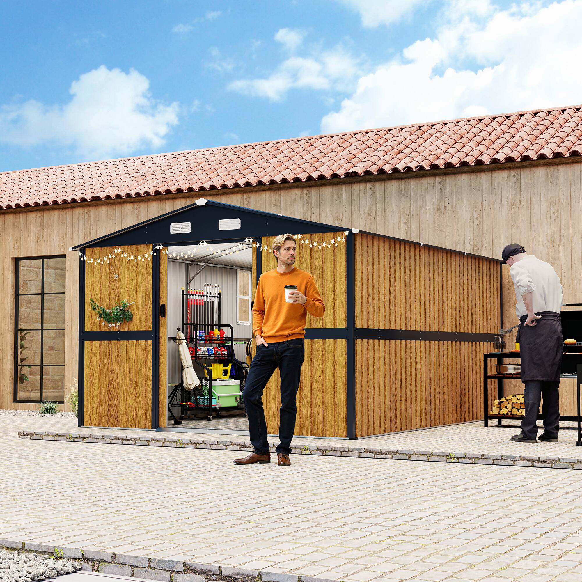 Angle. Anysun - 10x12ft Heavy-Duty Outdoor Metal Garden Tool Storage Shed with Lockable Doors & Windows, without Wood Panels & Frame - Yellow.