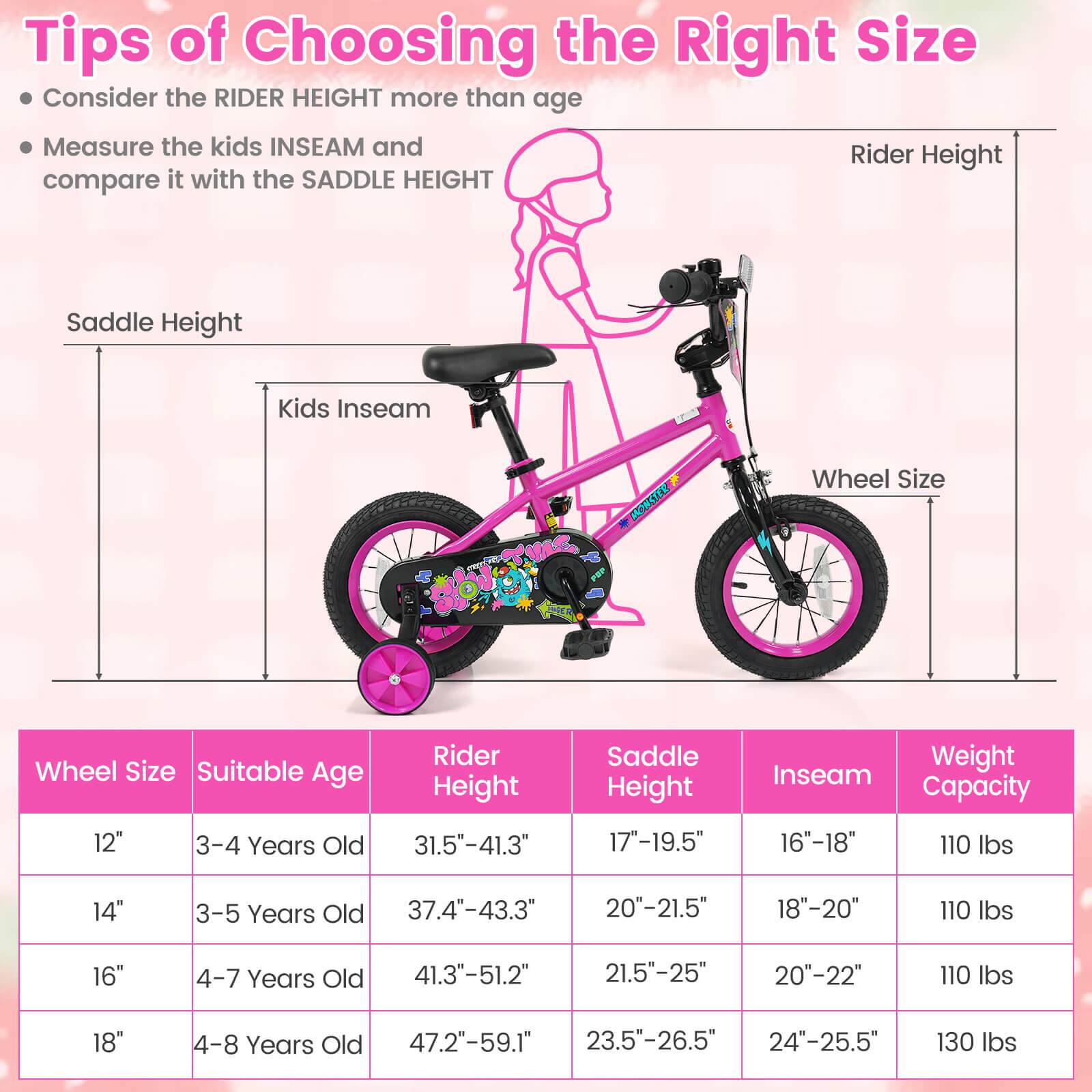 Tips of Choosing the Right Size

- Consider the RIDER HEIGHT more than age
- Measure the kids INSEAM and compare it with the SADDLE HEIGHT

| Wheel Size | Suitable Age | Rider Height | Saddle Height | Inseam | Weight Capacity |
|------------|-------------|--------------|--------------|--------|----------------|
| 12"        | 3-4 Years Old | 31.5"-41.3"   | 17"-19.5"     | 16"-18" | 110 lbs         |
| 14"        | 3-5 Years Old | 37.4"-43.3"   | 20"-21.5"     | 18"-20" | 110 lbs         |
| 16"        | 4-7 Years Old | 41.3"-51.2"   | 21.5"-25"     | 20"-22" | 110 lbs         |
| 18"        | 4-8 Years Old | 47.2"-59.1"   | 2