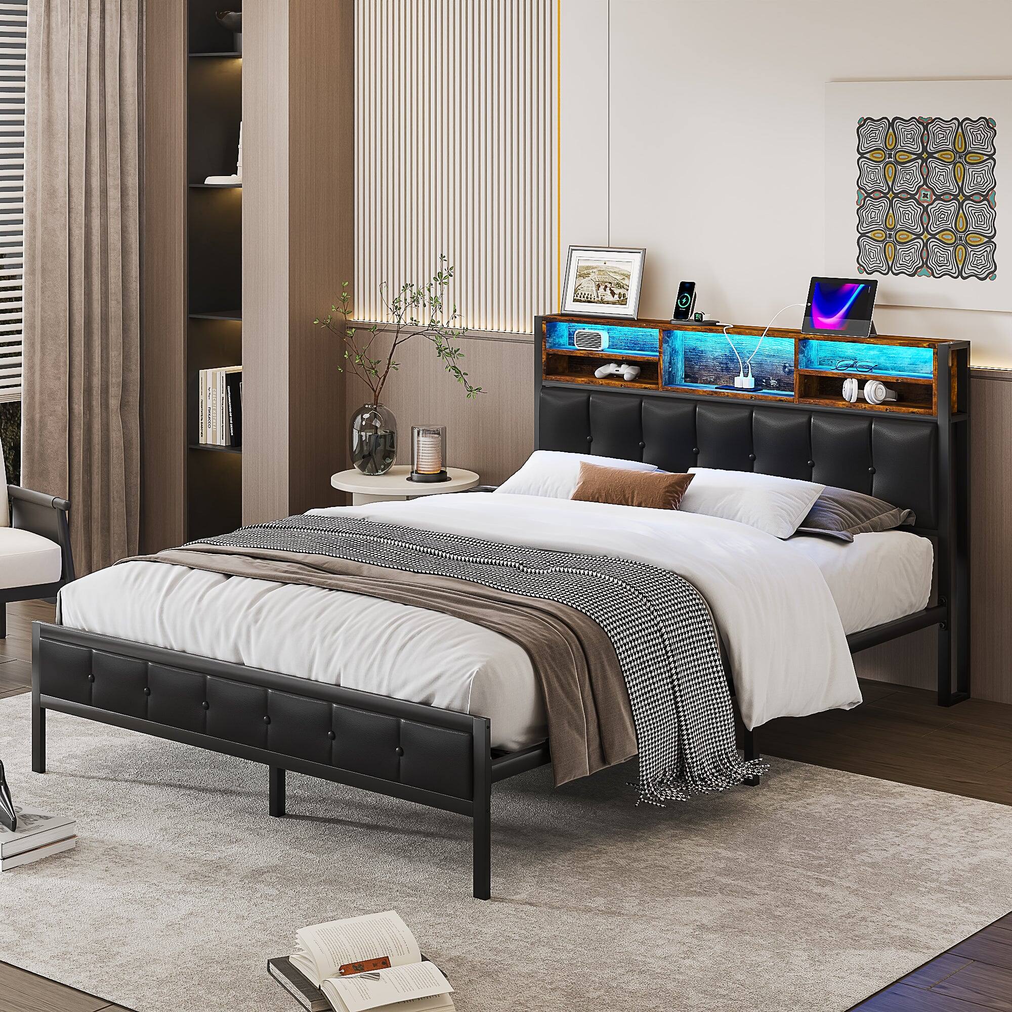 Alt View 4. Vecelo - Full Bed Frame With Charging Station And LED Lights-Black Upholstered Bed Frame, Heavy Duty Metal Platform Bed - Black.